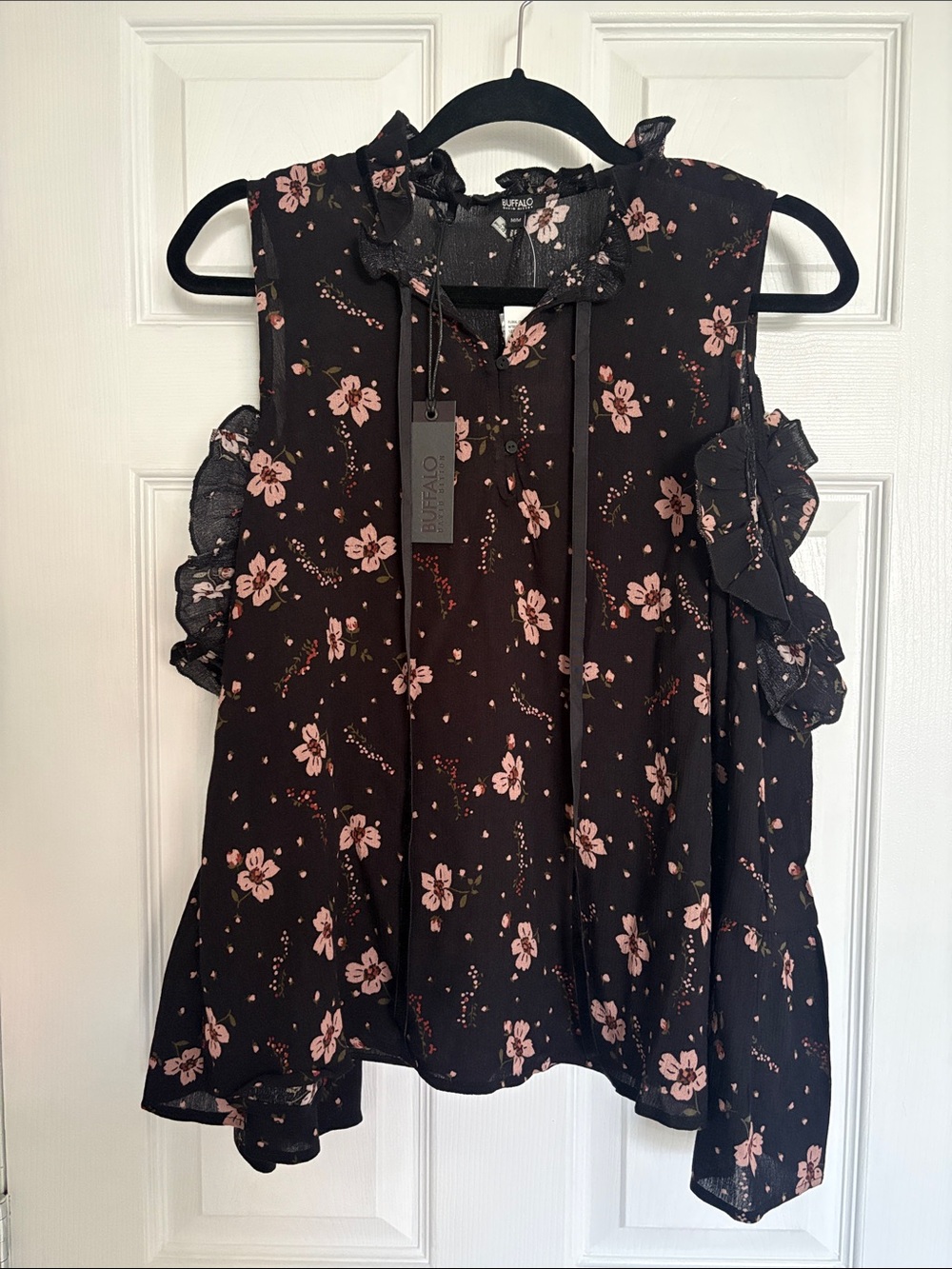 Buffalo David Bitton Black Floral Ruffle Tie-Neck Cold Shoulder Top